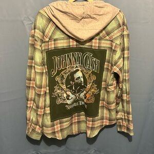 Johnny Cash Upcycled plaid Hooded Button-Up Shirt. One of a kind. Women’s Med